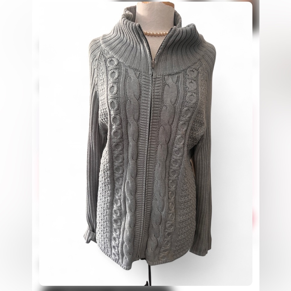 Coldwater Creek Grey Cable Knit Mock Neck Zip Up Sweater Large